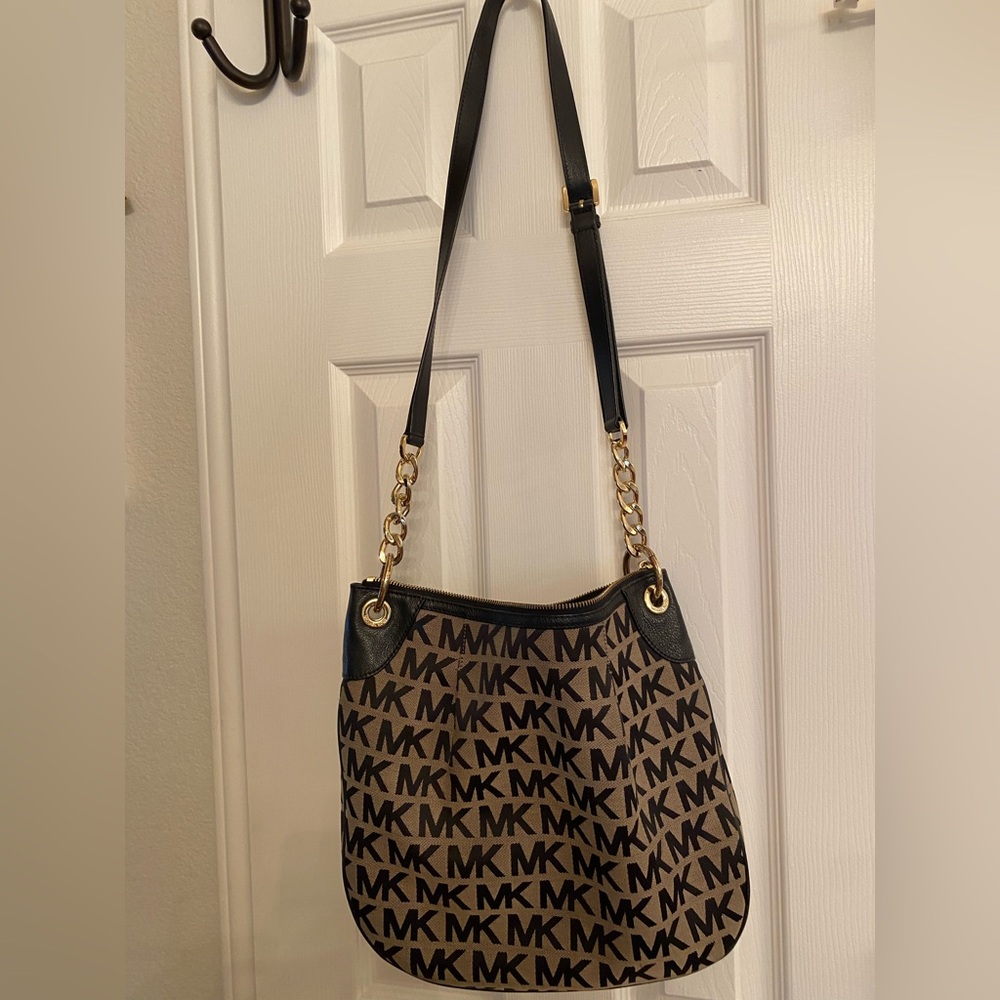 Michael Kors Tan and Black Logo Shoulder Bag